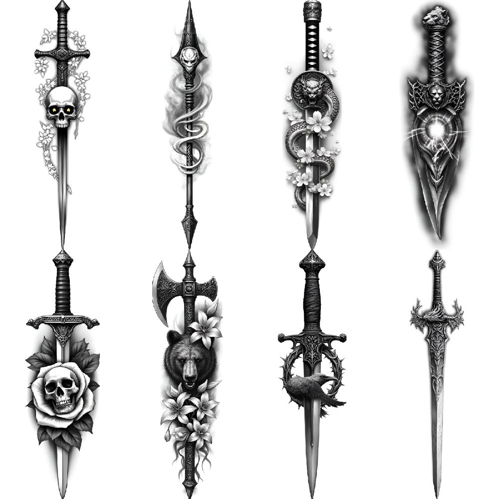 3pcs Temporary Tattoo Sword With Glowing Heart Realistic Temporary Tattoos Sword With Bear And Flowers For Thighs Adults Arms