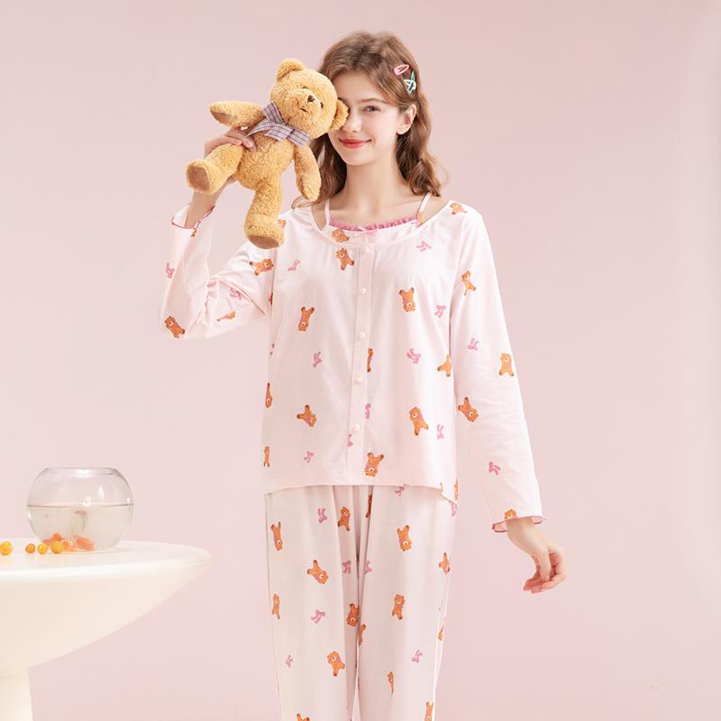 Fenteng 100% Cotton Sleepwear Spring Long-Sleeved Camisole Cartoon Home Suit for Girls