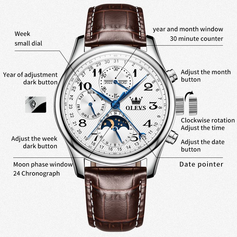 OLEVS Original Men's Automatic Wristwatch Moon Phase Calendar Waterproof Stainless Steel Leather Strap Mechanical Watch for Men