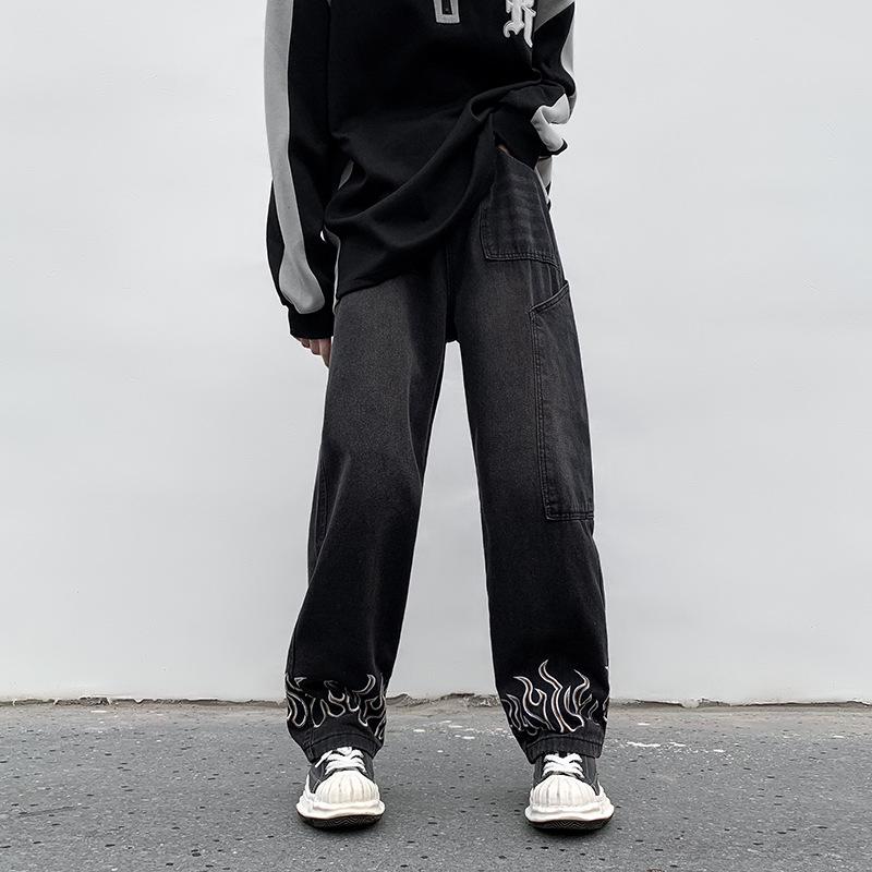 

Мужские джинсы Harajuku Hip-Hop Wide-Leg для осени/зимы – модный повседневный стиль Гонконга X-Large чёрный