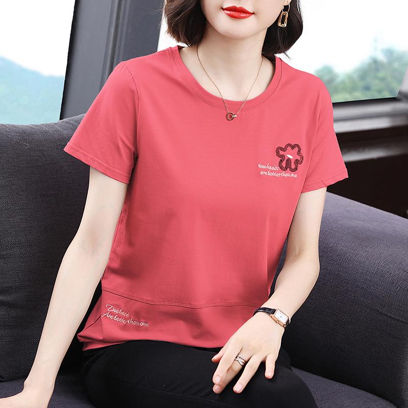 Women's Spring and Autumn T-shirt New Bottoming Shirt Temperament Pure Cotton Short-sleeved T-shirt Middle-aged Casual Large Size Top