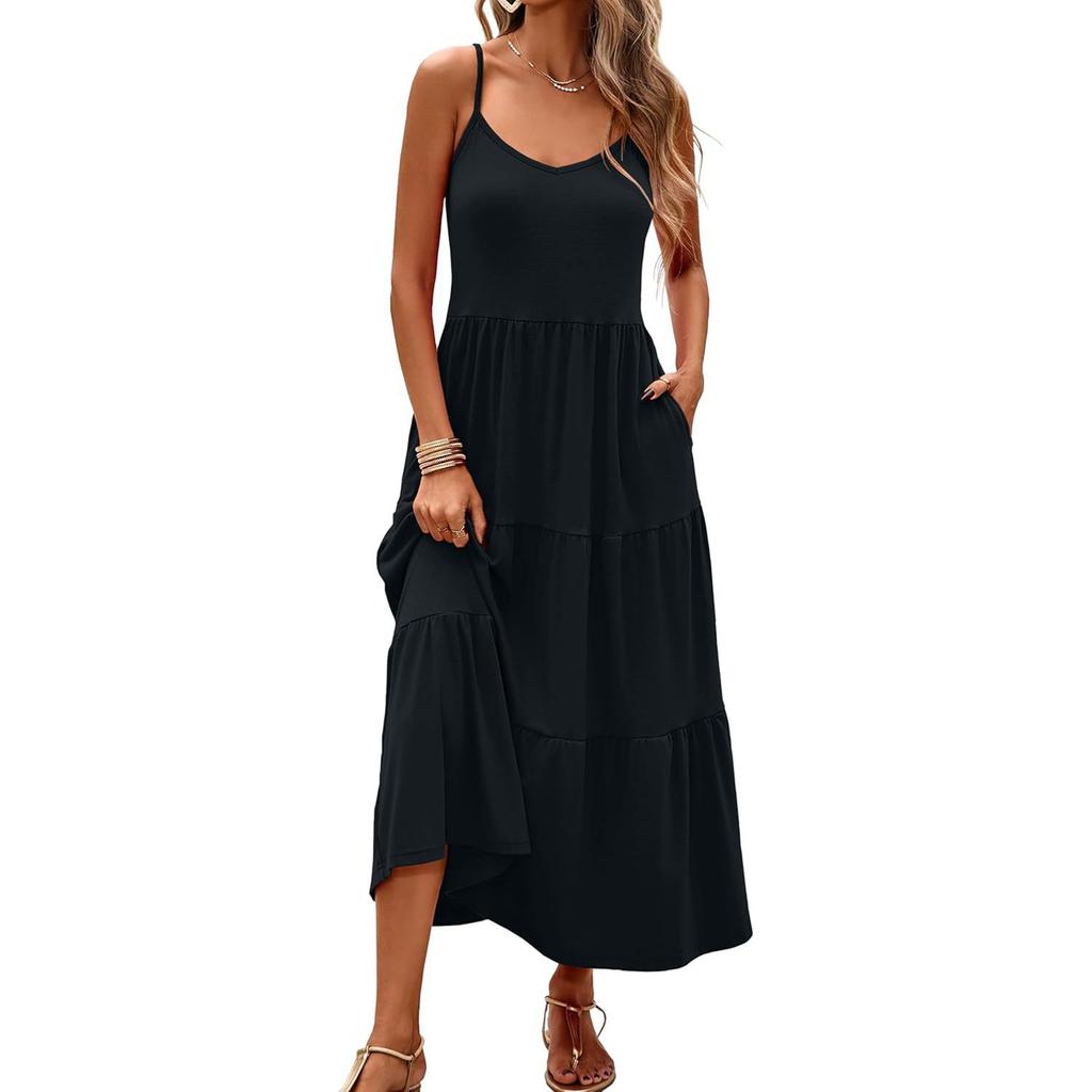 Damen Farb Ärmellos Slim Fit Modisches Langes Kleid