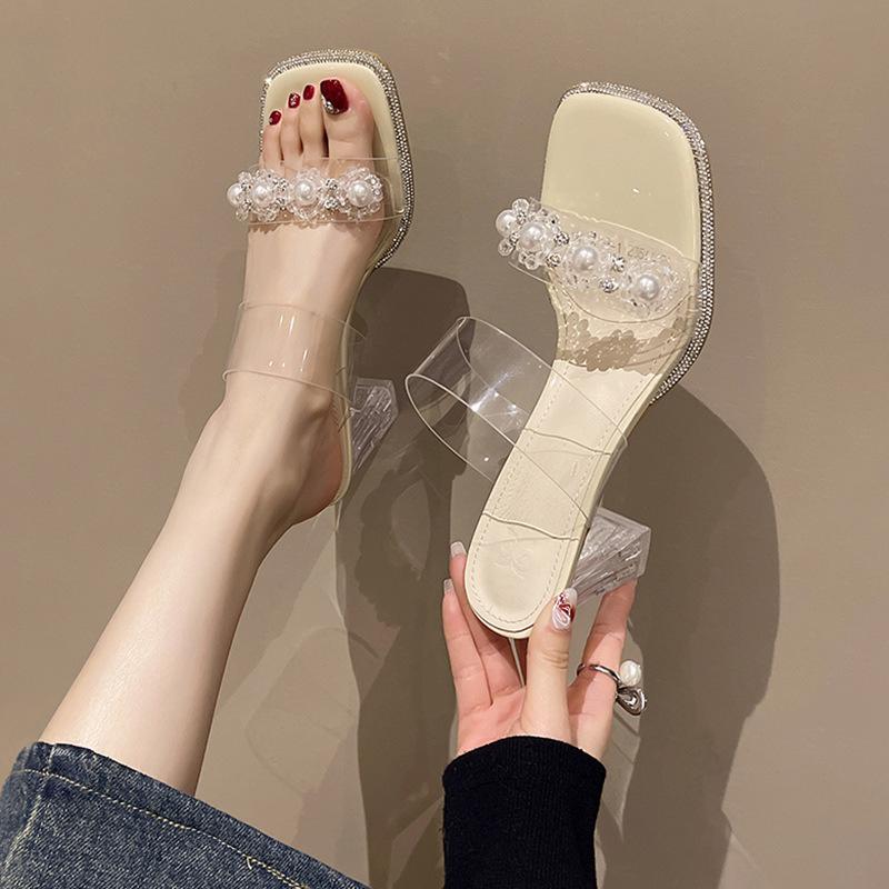 

Тапочки на высоком каблуке Fairy Wind, женская летняя одежда 2025 года, новые прозрачные тапочки со стразами, односложные, с кристаллами, на толстом каблуке 34 хаки