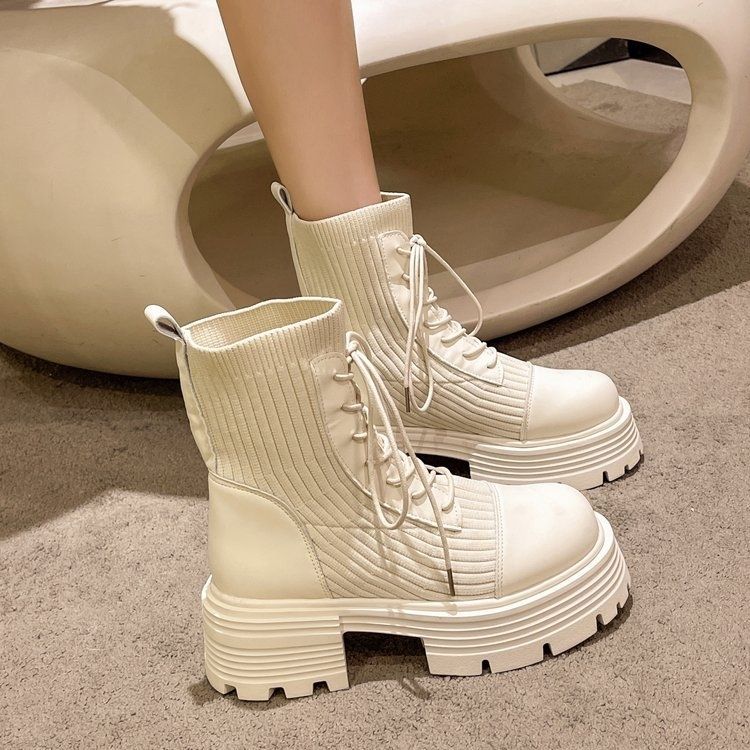 Martin boots women's 2025 spring and autumn new short tube thick-soled elastic boots medium tube boots gray upgraded version beige upgraded version