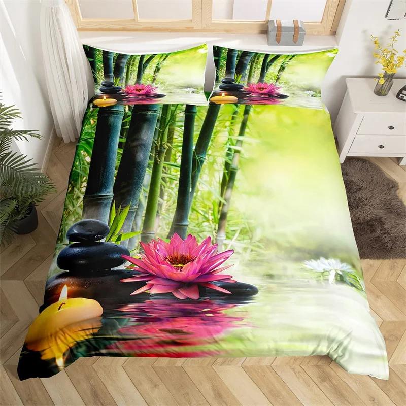 Zen Stones King Duvet Cover Sandy Beach Bedding Set Microfiber Purple Phalaenopsis Comforter Cover Meditation Bedspread Cover