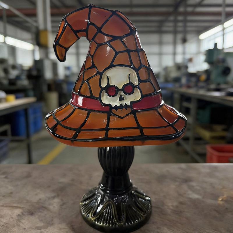 New Halloween Witch Hat Resin Table Lamp, Stained Glass Effect LED Night Light, Mystical Desktop Decor Ornament