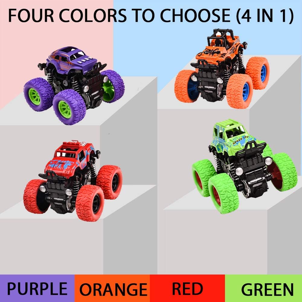 Monster Trucks for Boys, 4 Pack Pull Back Vehicles Cars for Toddlers, 360° Rotation 4 Wheels Drive Durable Friction Cars Powered Push and Go Toys