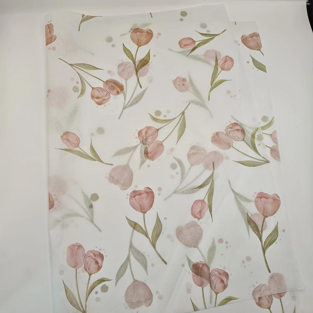 Floral Tulip Patterned Tissue Paper Gift Wrapping with Green Leaves Wine Bottle Wrapping Paper Double-Sided Box Filling Paper