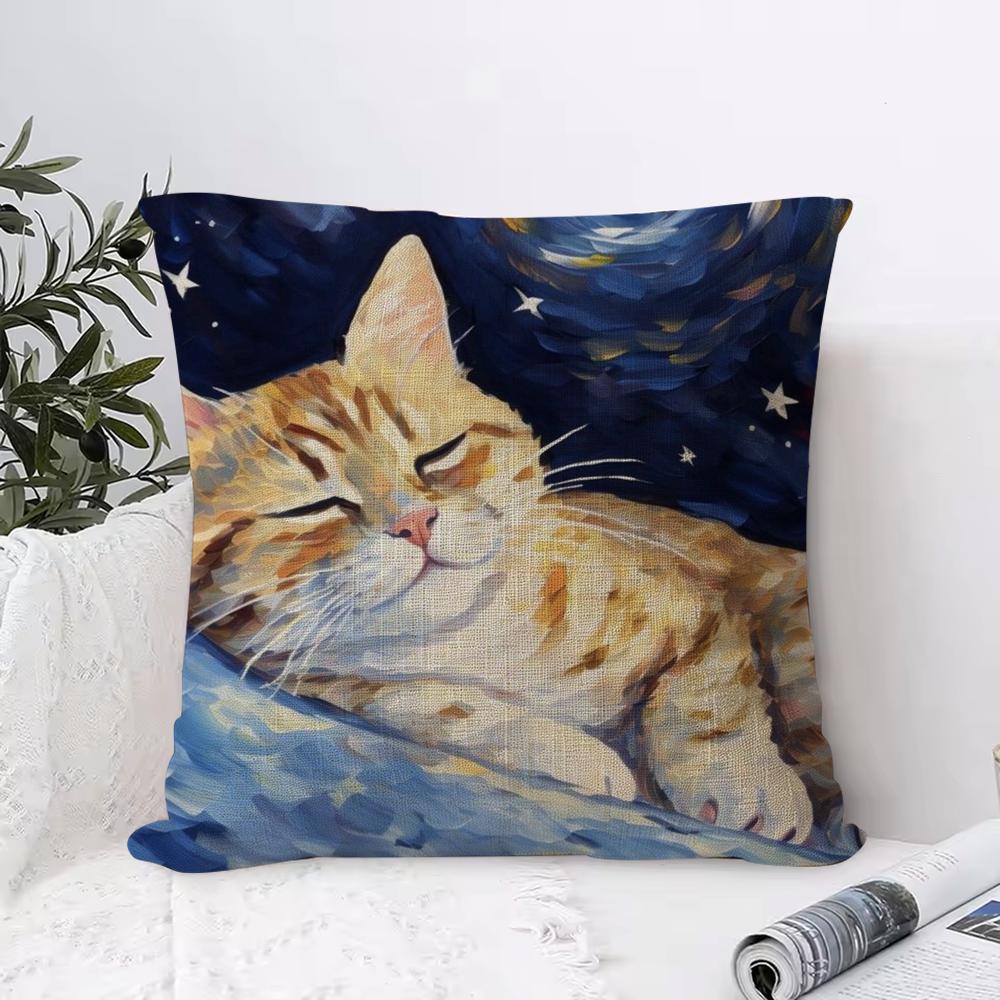 Van Gogh Starry Sky Cat Cushion Cover Eco Linen Pillow Case DoubleSided Print Breathable Durable Zipper Home Decor Gift