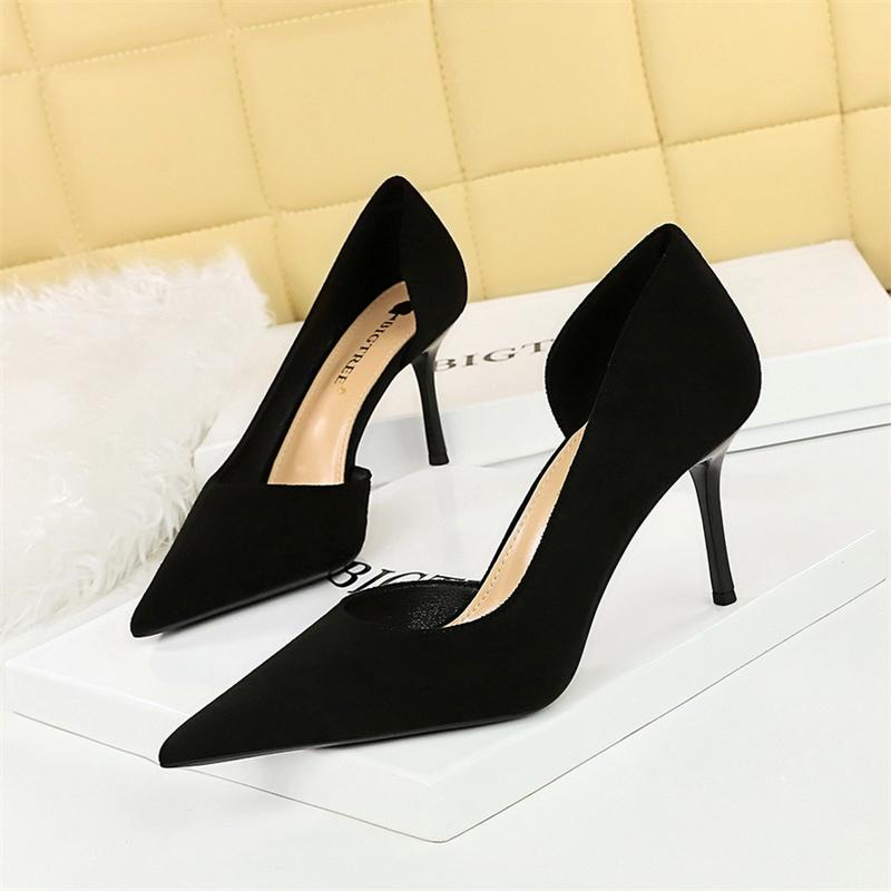 Office Women Suede Pumps Side Hollow High Heel Shoes New Wedding Party Red Green Shallow Mouth Pointed Toe Stiletto