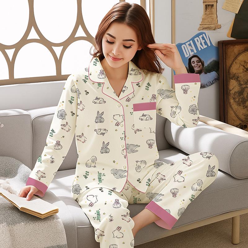 Autumn Women's Cute Rabbit Long Sleeve Pajamas - Light Luxury Two-Piece Set