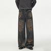 Mens Distressed Wide Leg Denim Pants Low Rise Straight Cut Raw Hem Washed Cotton Jeans