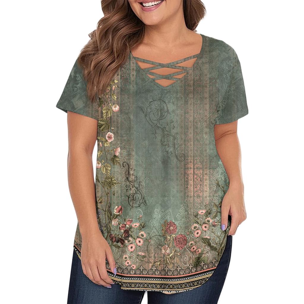 Women's Fashion Casual Printed V-Neck Short Sleeve Large Size T-Shirt Top