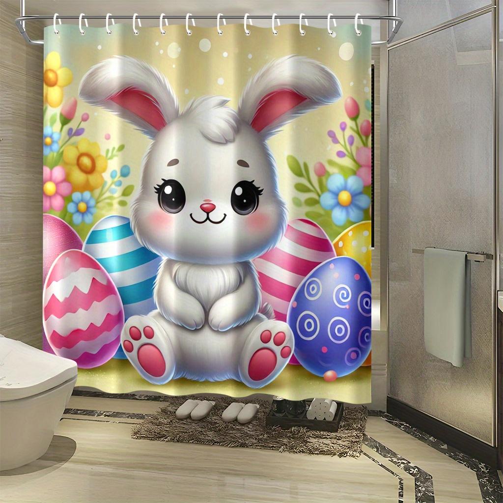 "Cute Easter Bunny Shower Curtain - Colorful Eggs & Spring Flowers, Festive Cartoon Animal Bathroom Decor"