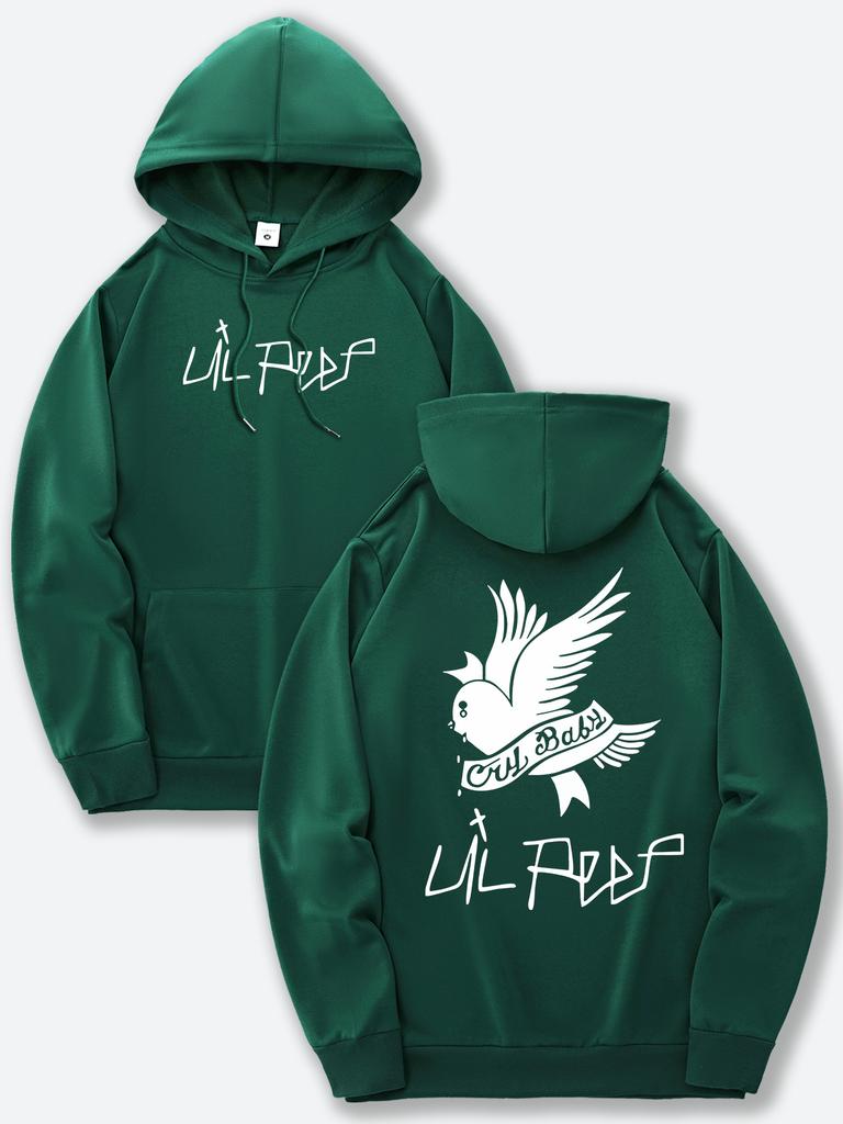 Schwarzes Herren-Kapuzensweatshirt mit Prints vorne und hinten und einer verstellbaren Kapuze mit Kordelzug, perfekt für alle Jahreszeiten.