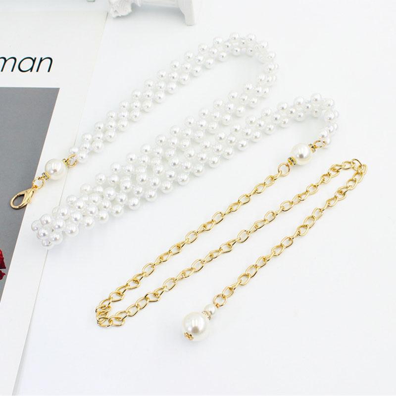 Fashion Adjustable Acrylic Pearl Belt Women Ladies Metal Thin Chain Belt Slim Body Chains Straps Dress Skirt Elastic Waistband