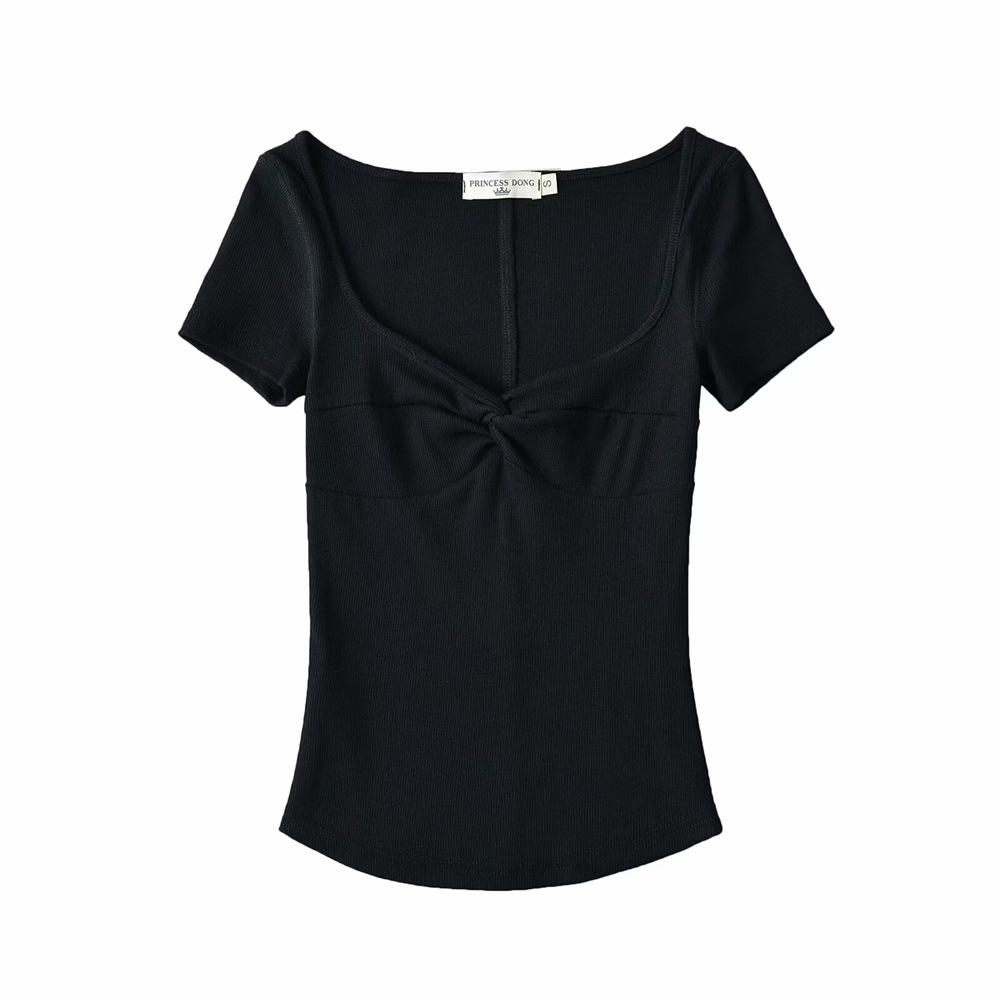 YPFF Women's Trendy Solid Color V-Neck Twist Knot American T-Shirt