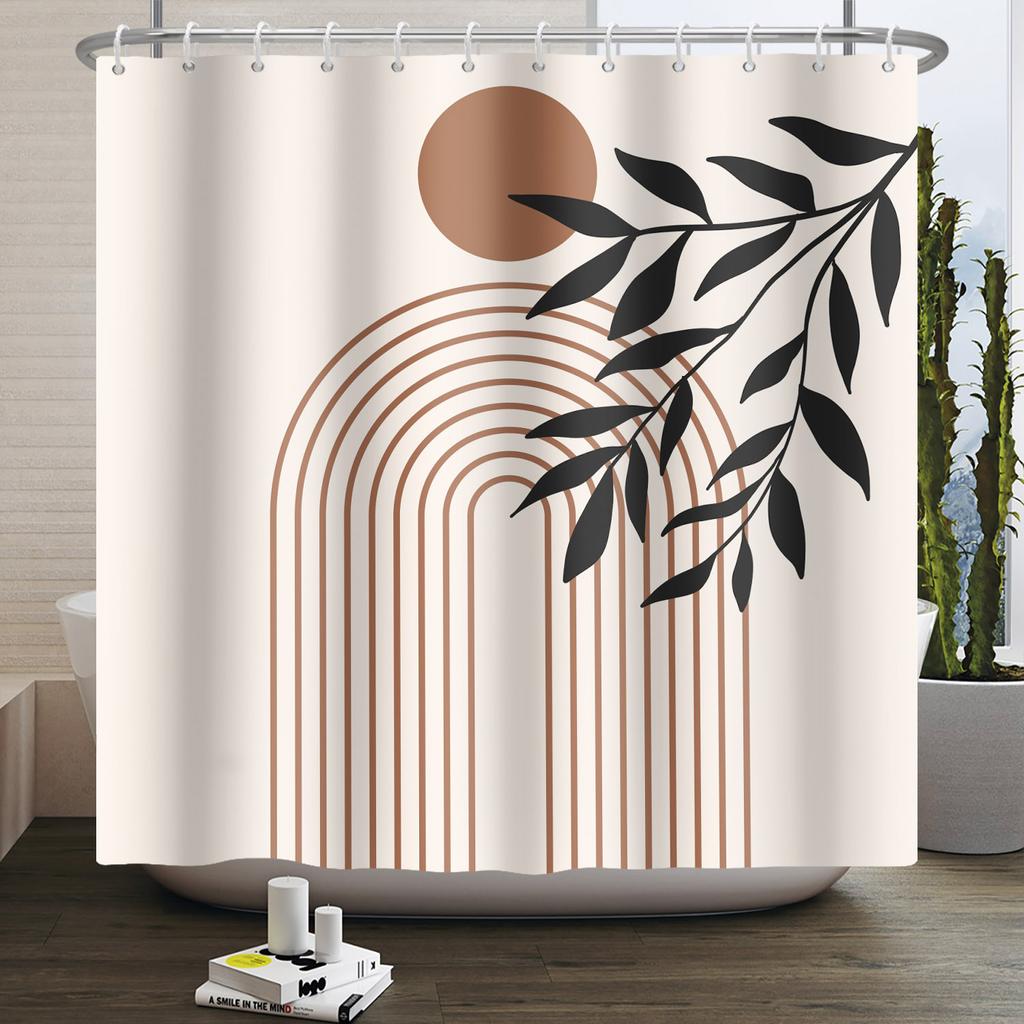 Nordic Style Shower Curtain Geometric Pattern Morandi Block Plant Leaves Home Bathroom Decoration Hanging Bath Curtain 12 Hooks