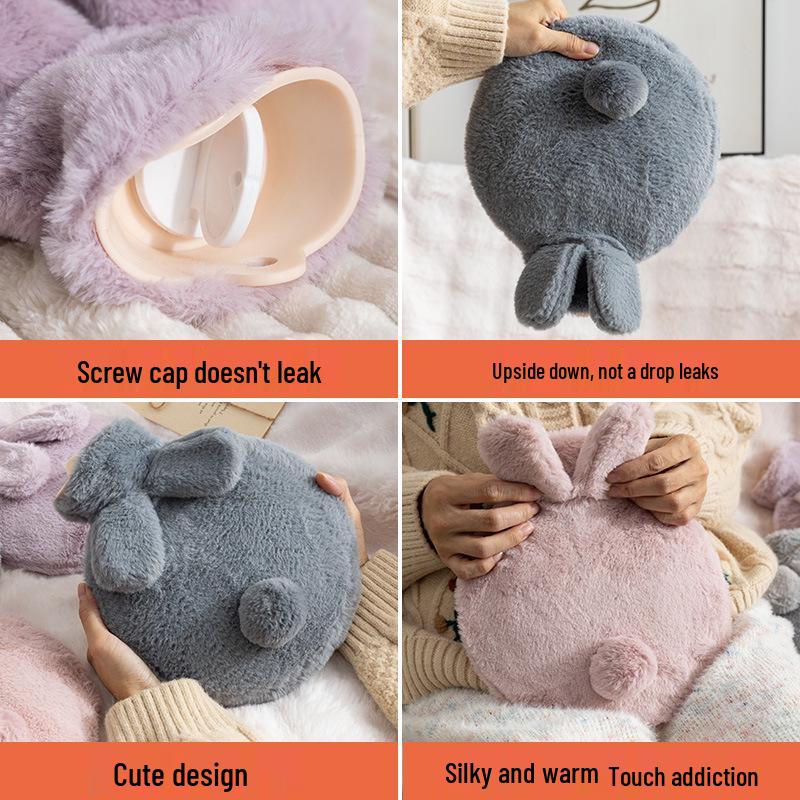 Plüsch-Wärmflasche aus Kaninchenfell im koreanischen Stil XL mit PVC-Wasserbeutel - Handwärmer & Heiße Kompresse