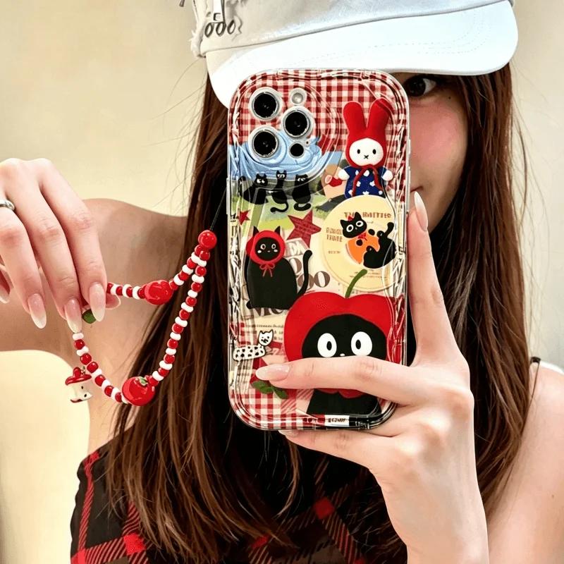 Cat Red Apple Fruit Chain Case For RENO 14 15 PRO 15F 14F13F 12F 11f 11 10 12 13 OPPO A6X A2 A3 A5 A6 Pro A3X A18 A17 Cover