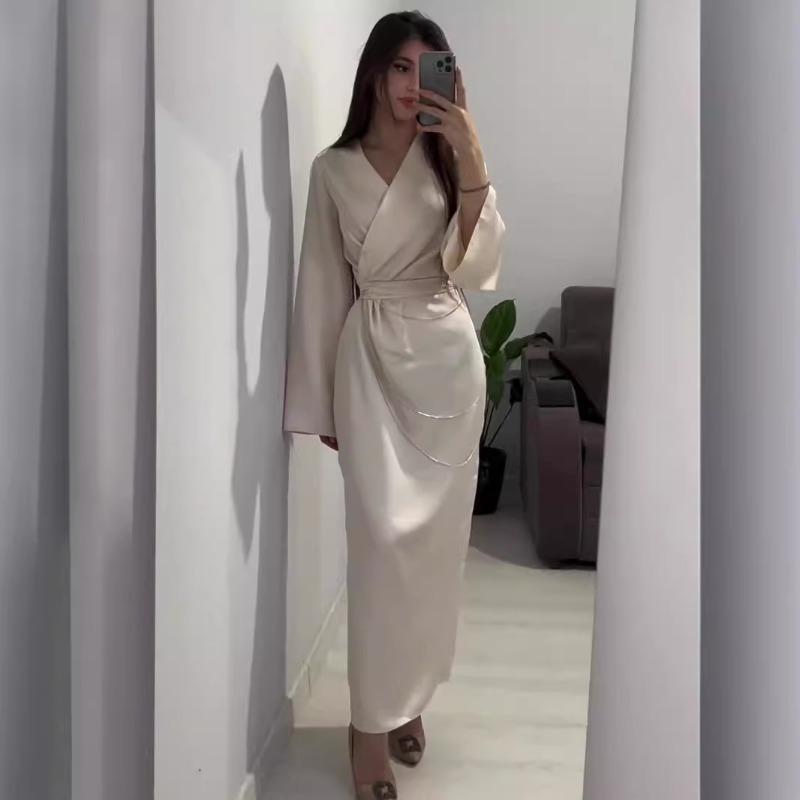 Ευρωπαϊκό και Αμερικάνικο Γυναικείο Φθινοπωρινό Νέο Μακρύ Φόρεμα Κομψό Μακρύ Αλυσίδα Μέσης Μονόχρωμο Σατέν Φόρεμα