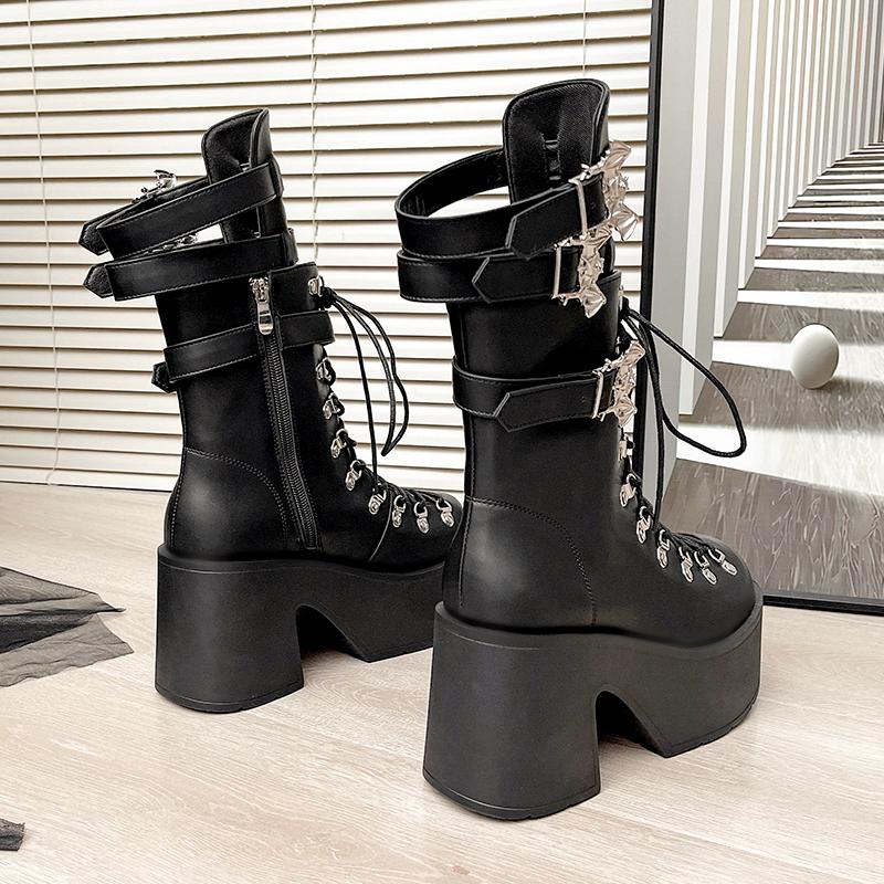 Fashion 9.5 cm Punk Style Women Shoes Lace-up Platform Shoes Woman Rock Boots Metal Decor Thick Bottom Street Shot Knight 2025 New