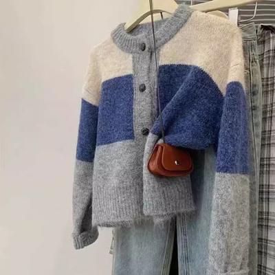 Contrasting Colors Autumn and Winter Stripes Short Ethnic Sweater Jacket New Retro Top Women