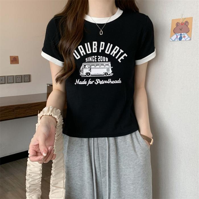 Sommer slank ung jente korte T-skjorter harajuku Enkelt bokstavtrykk Crop Tops Kvinner Uformelt kortermet T-skjorte Sports topp koreanske klær