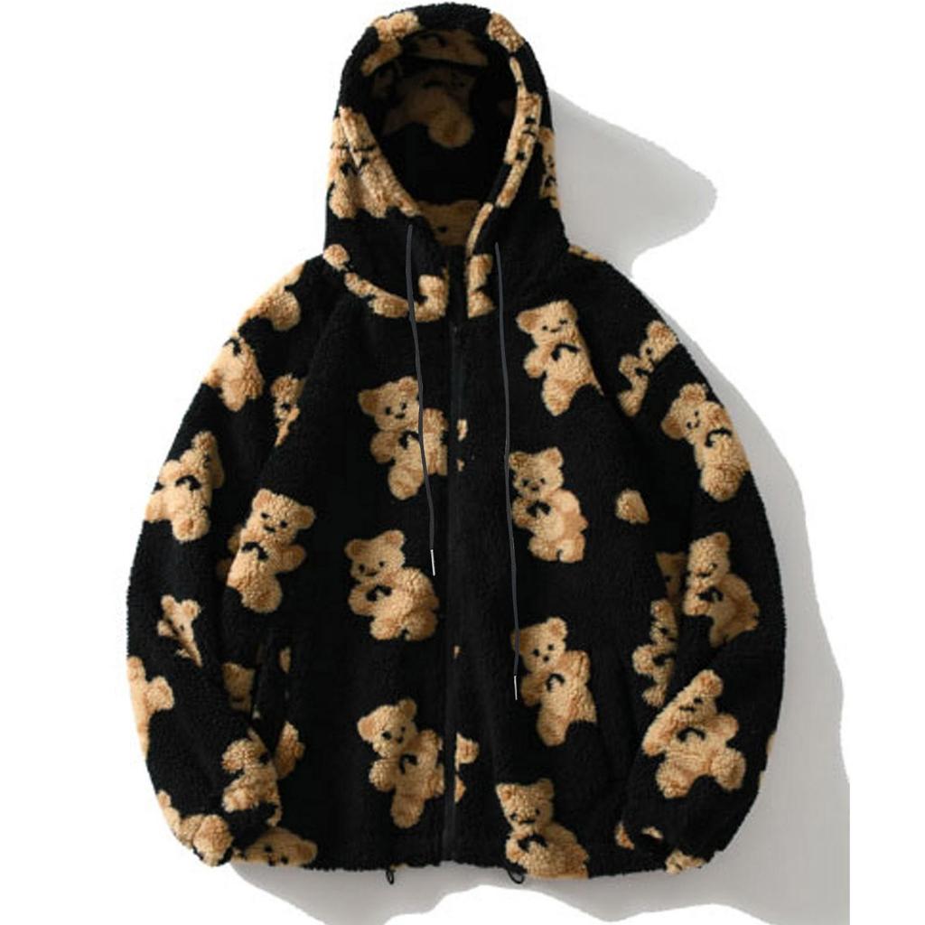 Herbst Winter Damen Mit Kapuze Plüsch Bär Gedruckt Cartoon Pullover Damen Winter Warme Jacke Fleece Jacke