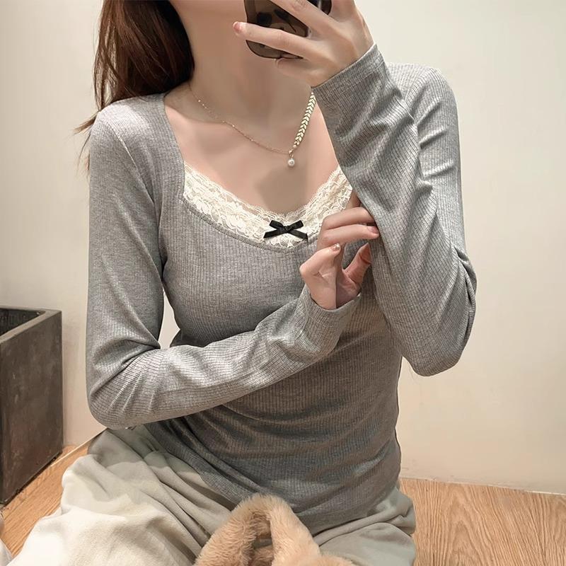 Czyste pragnienie koronkowy splicing slim z długim rękawem koszulka bazowa dla kobiet jesień i zima wysokiej klasy szara dekolt w serek obojczyk gorąca dziewczyna top wewnętrzny