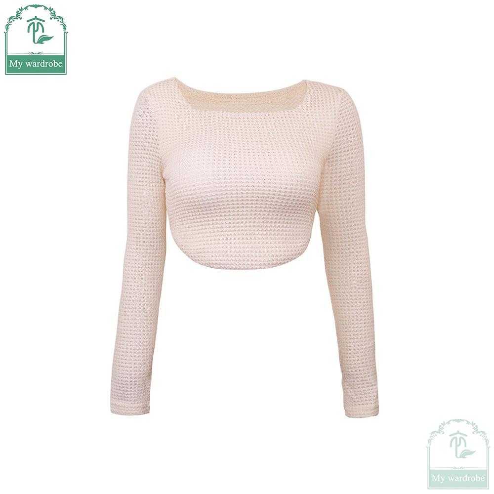 My Garderobe Authorization Damen Langarm-Strick-Crop-Top, quadratischer Ausschnitt, tailliert, asymmetrischer Saum, kurze T-Shirts