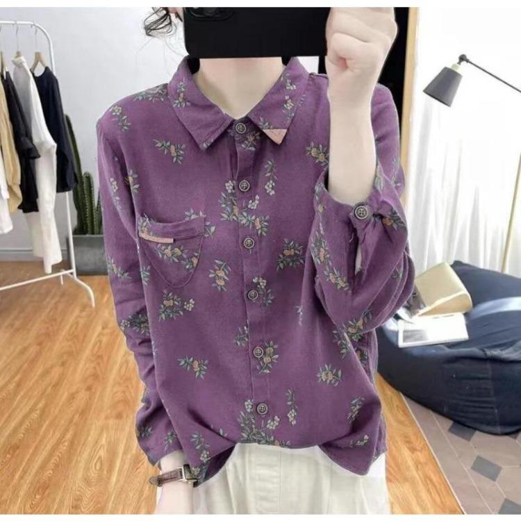 Korean Retro Fashion Women Floral Printed Long Sleeve Blouse Cotton Linen Top Autumn Shirt Digital Design