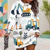 Women Plus Size Round Neck Long Sleeve Cartoon Printed White Yellow Sweatshirt Dress