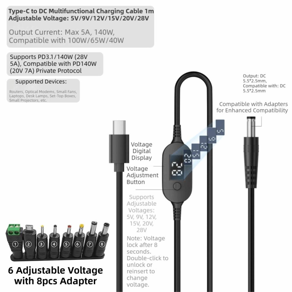 Digitales Display USB C auf DC 5525 Konverter 5V/9V/12V/15V/20V mit 28/34 Anschlussspitzen Typ-C zu DC Stromkabel