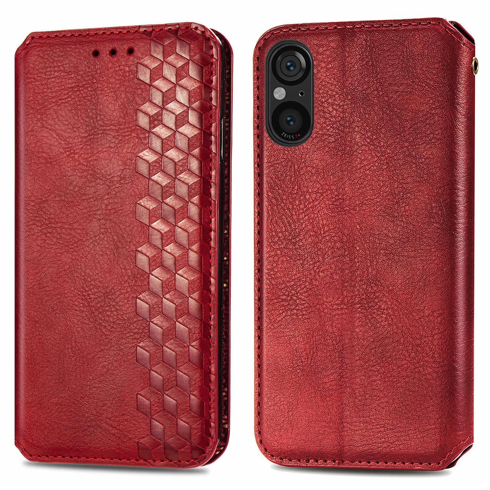 

For Sony Xperia 5 V PU Leather Case Rhombus Imprint Wallet Stand Phone Cover Red