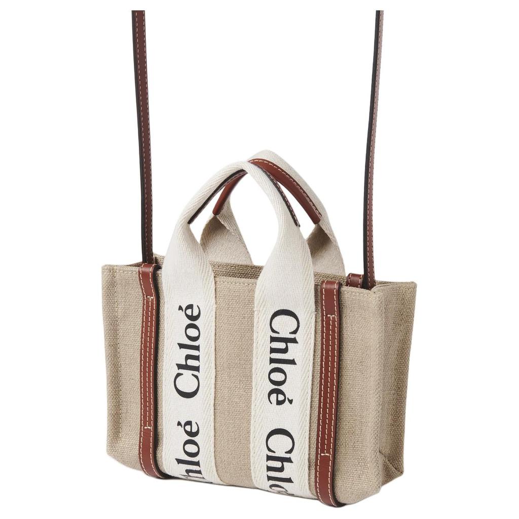 Chloe Woody Logo Print Canvas And Leather Tote Bag Women Tote Bags Off-White CHC22-AS397I26-90U