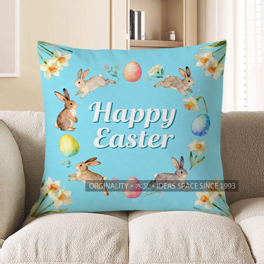 2D Happy Easter Bunny & Egg Decorative Pillow Pattern Cushion Cover Suitable For Sofa Bedroom Car Pillow Cover
