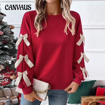 Herfst en Winter Dames Plus Size Tops Ronde Hals Strik Rood Kerst Sweatshirt Lange Mouw Pullover