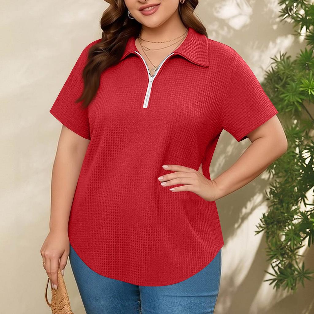 Women's Fashionable Casual Loose Fit Zipper Short-Sleeve Top