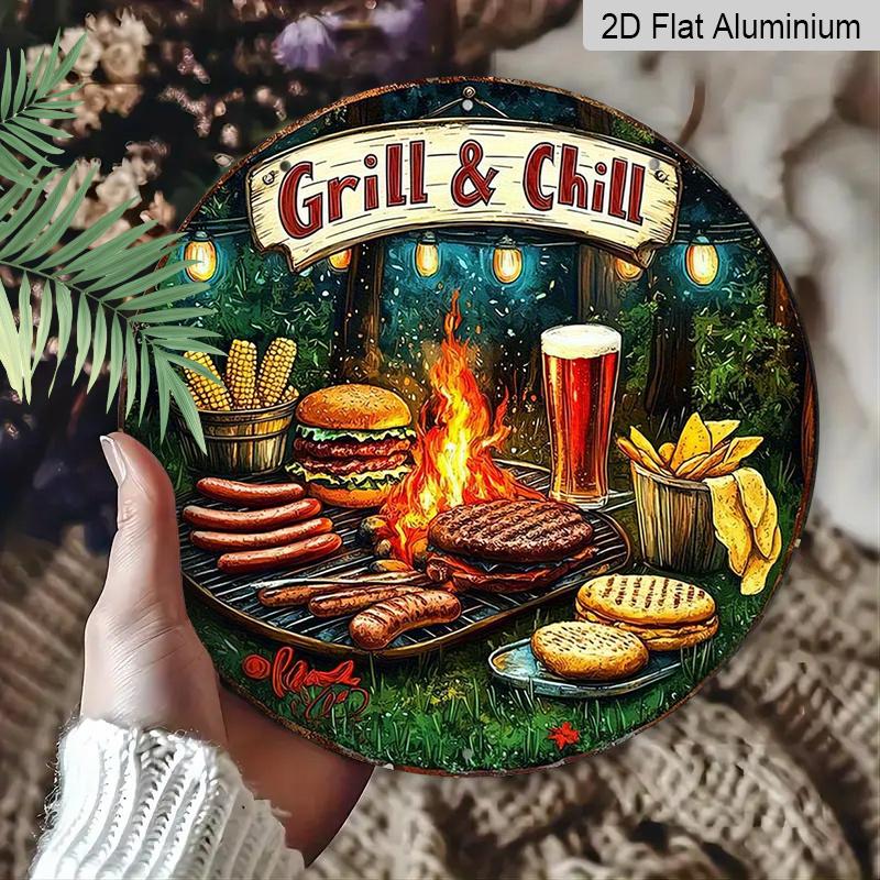 2D Flat, 1pc Vintage Grill & Chill BBQ Metal Aluminum Wall Sign - Round Art for Indoor/Outdoor Decor, Perfect for Rustic Home, Cafe, Bar, Garage