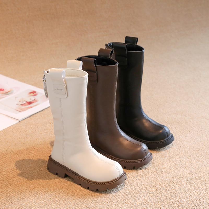 Children's Long and High Boots Winter New Style with Added Fleece Girls' Two Cotton Leather Boots