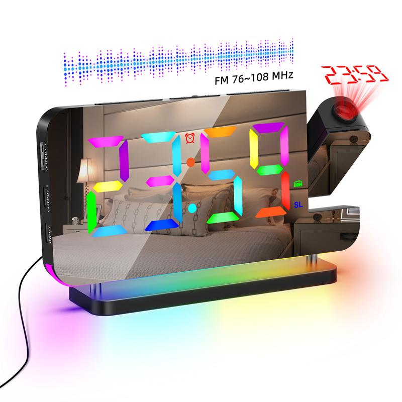 FM Radio 180° Projection Alarm Clock RGB With RGB Night Light 6 Levels Brightness Dual USB Output Port 12H/24H Digital LED Clock