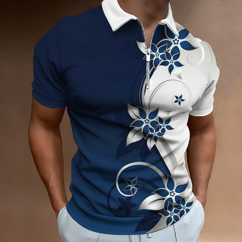 Fashion Zipper Polo Shirt For Men Floral Printed Daily Casual Short Sleeved Loose Oversized Shirt High Quality Men'S Clothing