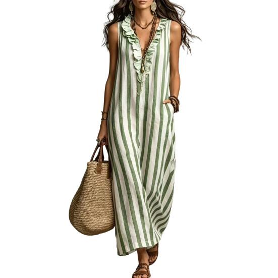 Damen Gestreiftes Baumwoll-Leinen Maxikleid Ärmellos Rüschen V-Ausschnitt Langes Kleid Boho Strand Fließendes Sommerkleid mit Taschen