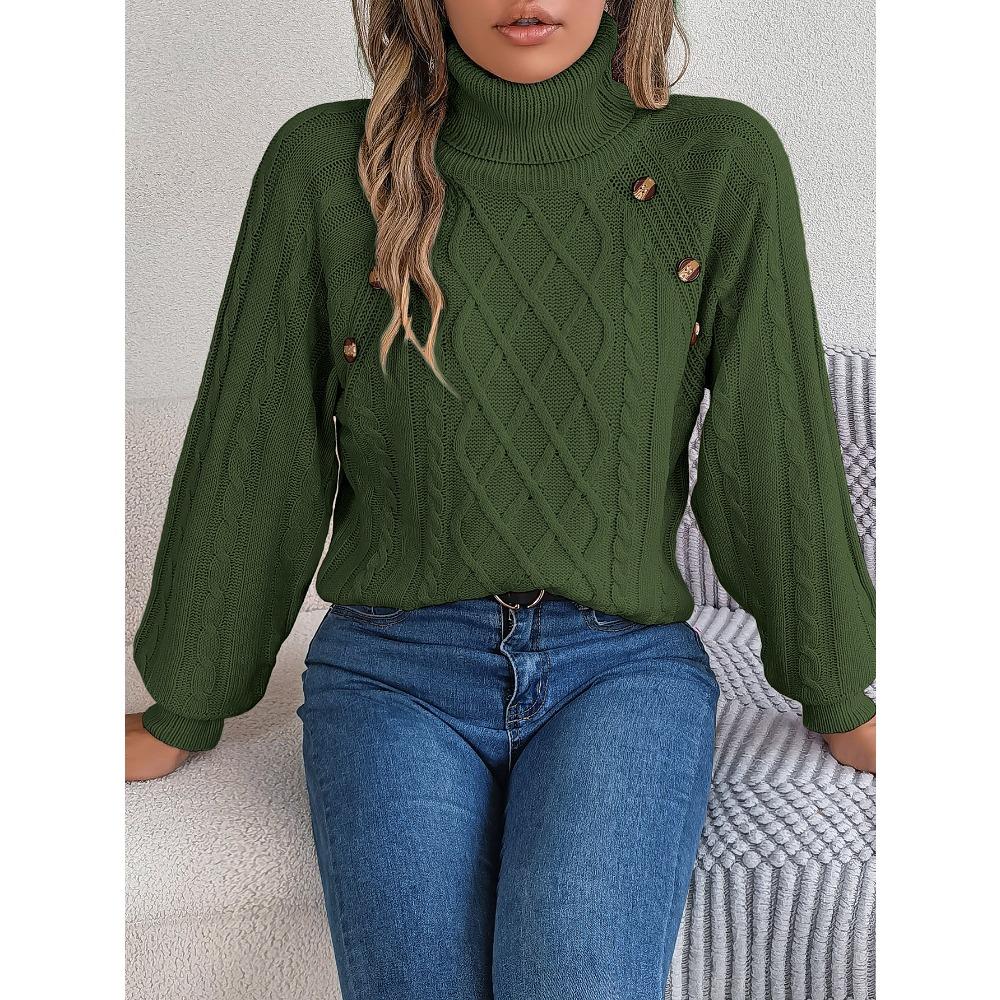 Autumn/Winter Casual Solid-Colour Buttoned Cable-Knit Turtleneck Bell-Sleeve Pullover for Women