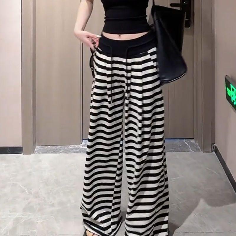 

Women s Plus Size Black & White Striped Wide-Leg High-Waist Pants - Slimming, Floor-Length, Casual Wear for Spring & Autumn. 2XL (Recommended for 135-150 jin) белый/чёрный