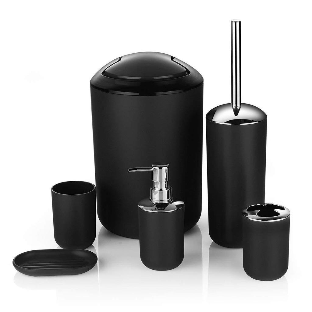 6-Piece Bathroom Set: Trash Can, Toilet Brush, Lotion Bottle, Toothbrush Holder, Soap Dish, and Countertop Decor.