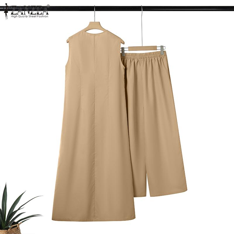 ZANZEA Trajes casuales de dos piezas para mujer, chaleco largo sin mangas y pantalones