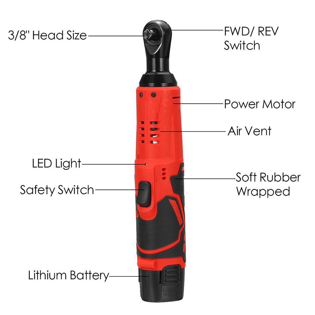 Rechargeable  Electric Wrench 12V 3/8" Cordless Ratchet Scaffolding 65N.m Right Angle Wrench Tools with 2Pcs Battery Charger Kit
