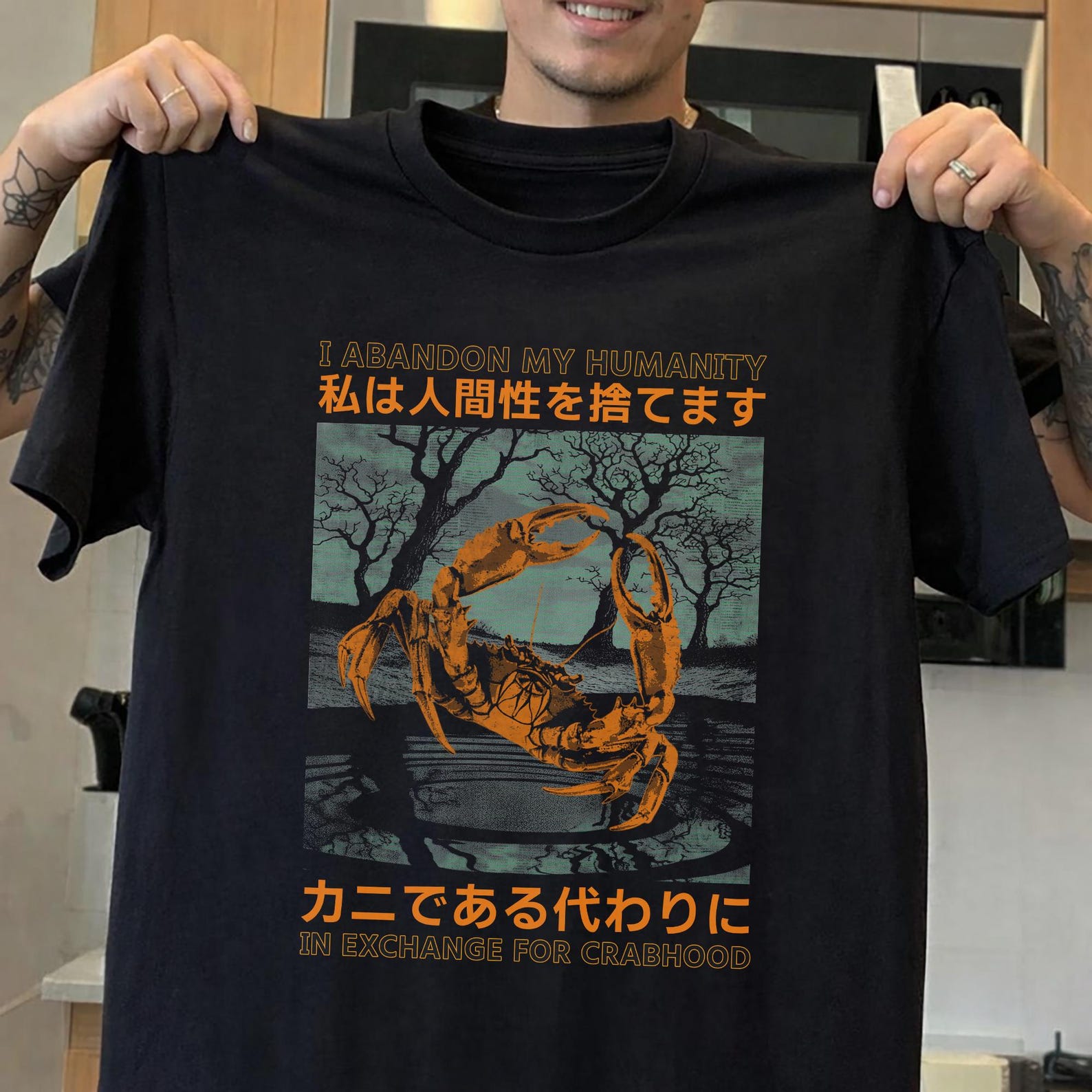 Japanese Crab Graphic Tee, Abandon Humanity Horror Shirt 4XL